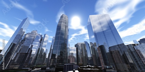 panorama of a modern city, skyscrapers view from below, 3d rendering 