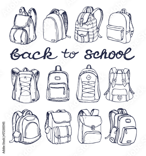Freehand drawing school items. Back to School.  Back to school big doodles set. Hand drawn with ink. Vector illustration