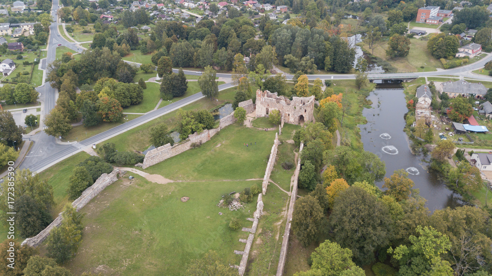 ruins of an ancient medieval castle Dobele Latvia Aerial drone top view