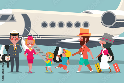 Pilot with flight attendant  and Traveler family Character design flat style