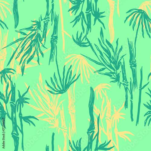 Bamboo seamless tropical leaves pattern on exotic trendy background. Tropical asian plant wallpaper, chinese or japanese nature textile print.