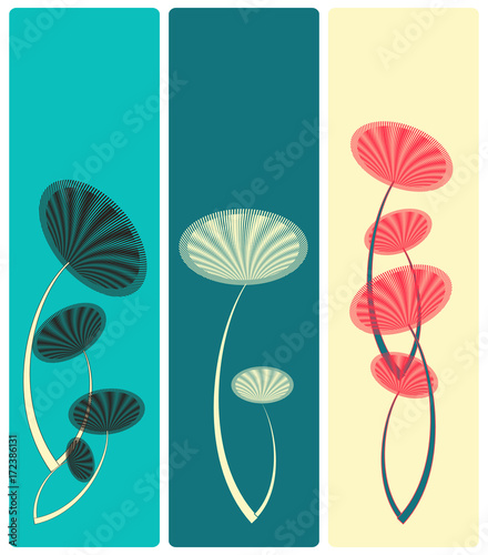 set of bookmarks with linear round flowers pattern in blue