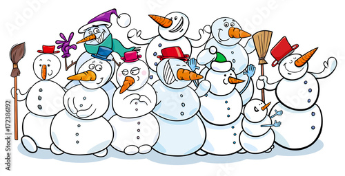 happy snowmen group cartoon illustration