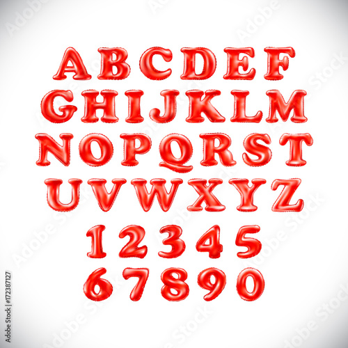 English alphabet and numerals from red, balloons on a white background. holidays and education