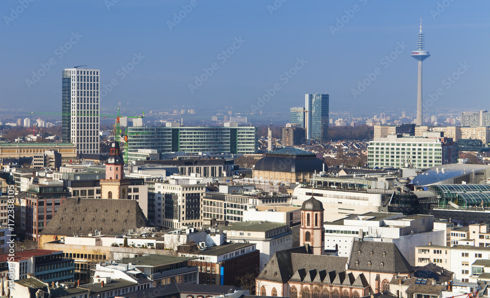 Frankfurt am Main city skyline, view from above