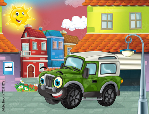 cartoon funny looking military off road truck driving through the city or parking near the garage - illustration for children