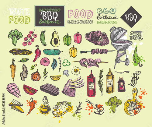 Big Hand drawn doodle barbecue set. BBQ food