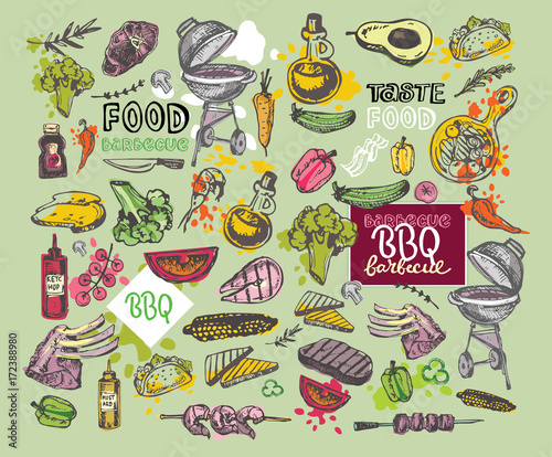 Big Hand drawn doodle barbecue set. BBQ food