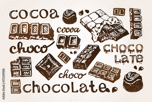 Hand drawn doodle cocoa and chocolate. Cacao.