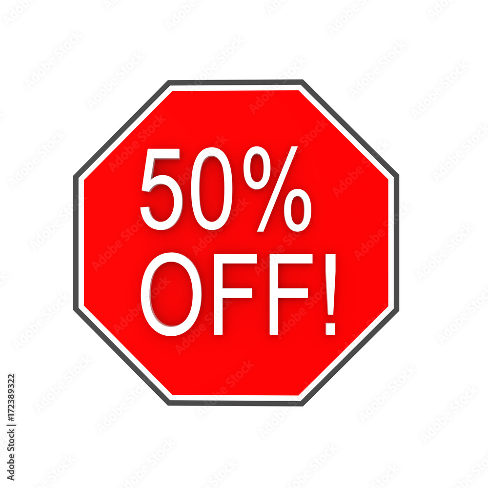 3D illustration of red sign saying 50% OFF 3D illustration of red sign saying 50% OFF
