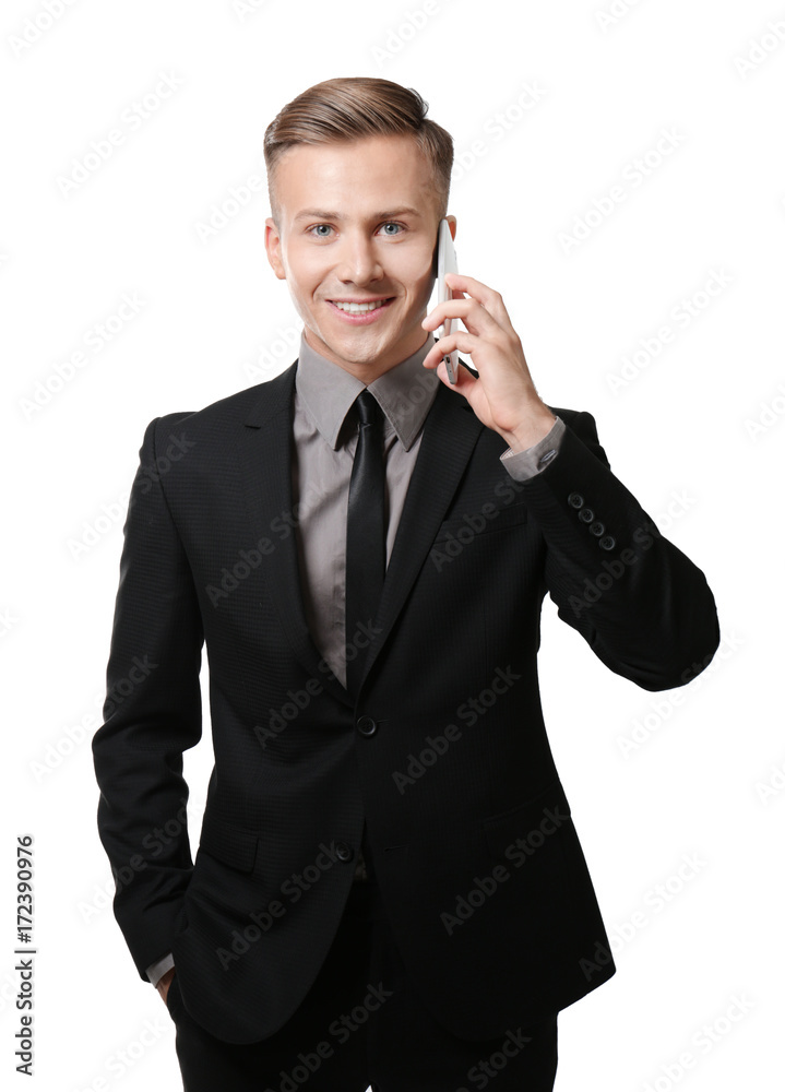 Young businessman with phone on white background Young businessman with phone on white background