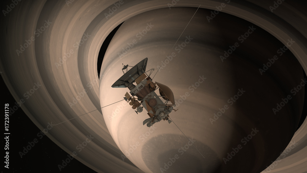 Naklejka premium Satellite Cassini is approaching Saturn. Cassini Huygens is an unmanned spacecraft sent to the planet Saturn. CG animation. Elements of this photo furnished by NASA.