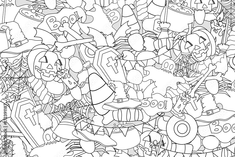 Halloween background. Holiday design elements. Template for flyer brochure banner advertisement. Outline coloring page. Vector illustration. 