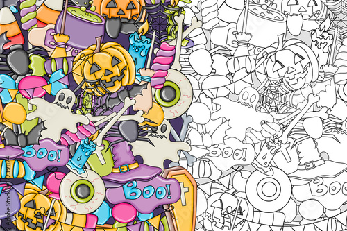 Halloween background. Holiday design elements. Template for flyer brochure banner advertisement. Outline coloring page. Vector illustration. 