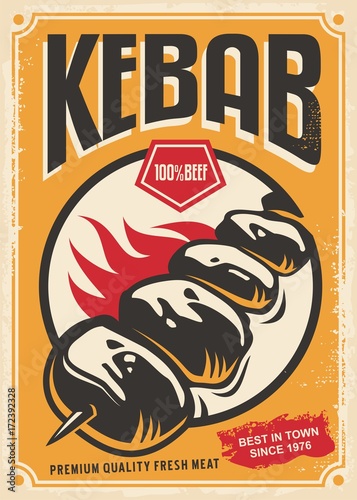 Retro poster design with hot tasty kebab on fire. Barbecue and fast food restaurant advertise on yellow background.