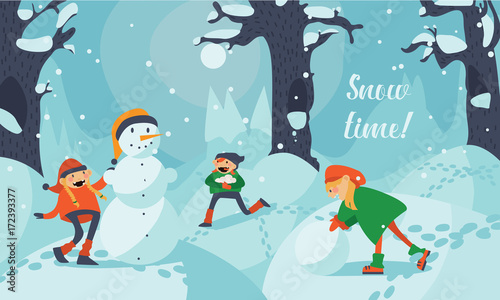 Lovely cute kids making snowman in winter landscape. Girls and boys running and making snowman among trees and snowdrifts