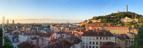 Summer sunrise over Vieux Lyon and Croix Rousse in the city of Lyon, France.