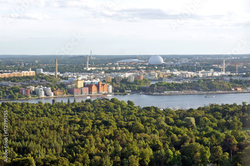 Aerial green city view from the observation deck at the top of the TV tower Kaknastornet, Stockholm, Sweden photo