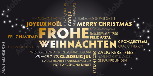 Grußkarte Frohe Weihnachten übersetzt in viele Sprachen schwarz gold