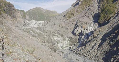 New Zealand landscape nature. Franz Josef Glacier, Westland Tai Poutini National Park, opening of Waiho River, South Island, New Zealand. SLOW MOTION. photo