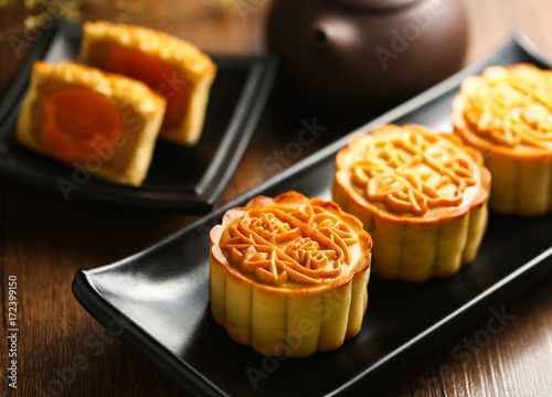 chinese mid autumn festival mooncake with egg yolk photo