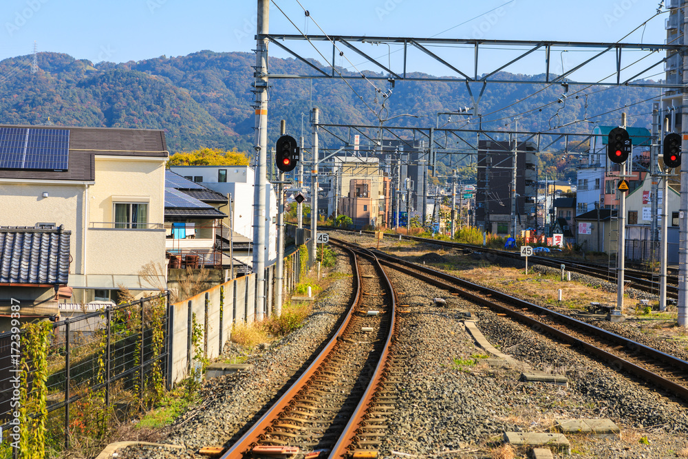 Train track at Uji Station with Mountain Backgroud. Train track at Uji Station with Mountain Backgroud.