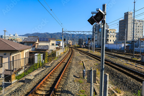 Train track at Uji Station with Mountain Backgroud.