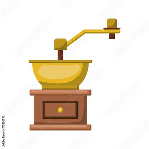 coffee grinding with crank in front view and realistic colorful silhouette on white background vector illustration