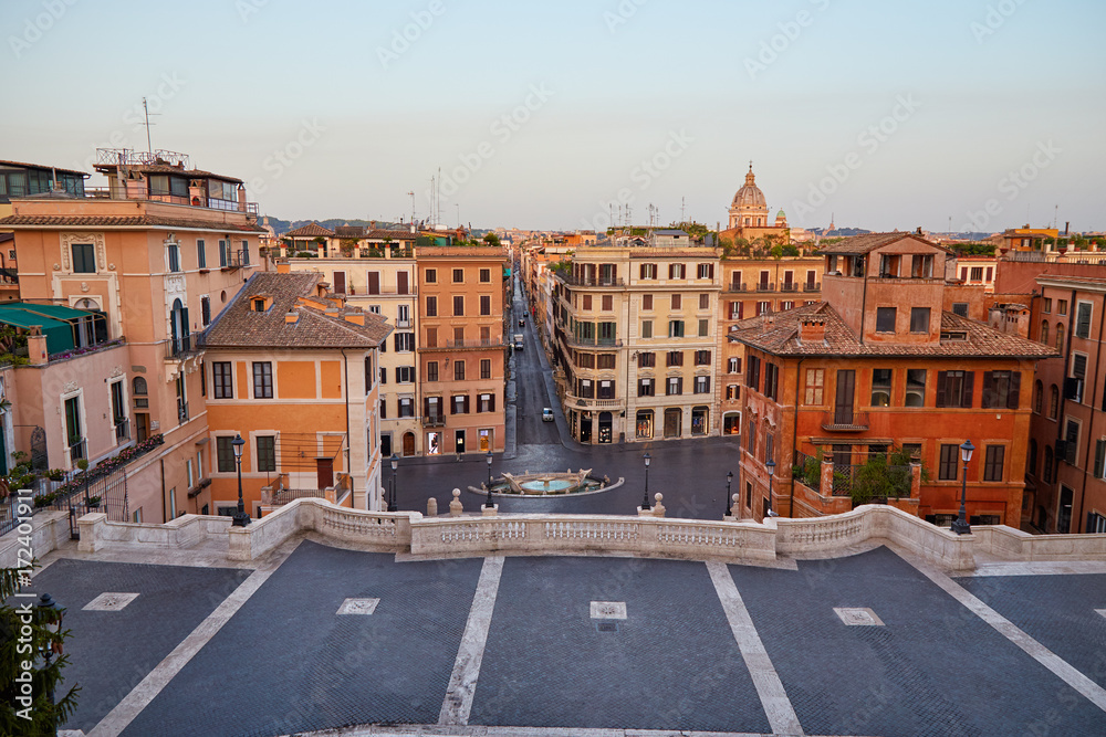 View of Rome from the Spanish Steps early in the morning without people