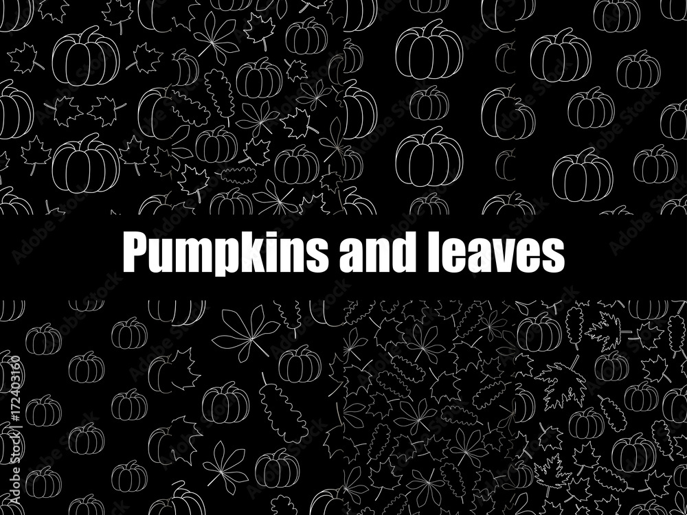 Autumn set of seamless pattern with pumpkins and leaves. White contours of leaves and pumpkins on a black background. Vector illustration