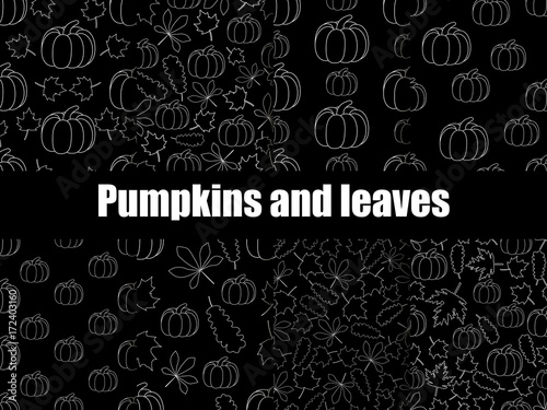 Autumn set of seamless pattern with pumpkins and leaves. White contours of leaves and pumpkins on a black background. Vector illustration © andyvi