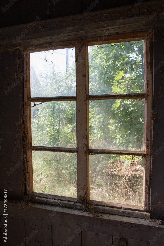 Fototapeta premium Window of an abandoned house, from the inside, sunlight seen outside