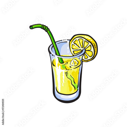 vector sketch cartoon lemonade glass with straw and lemon slice. Isolated illustration on a white background. Fresh juicy cirtus drink. Healthy organic beverage full of vitamins, nutrients