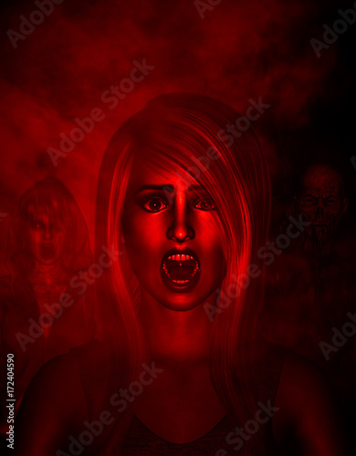 3d illustration of woman is scared of ghosts from behind,Horror background,mixed media © Joelee Creative