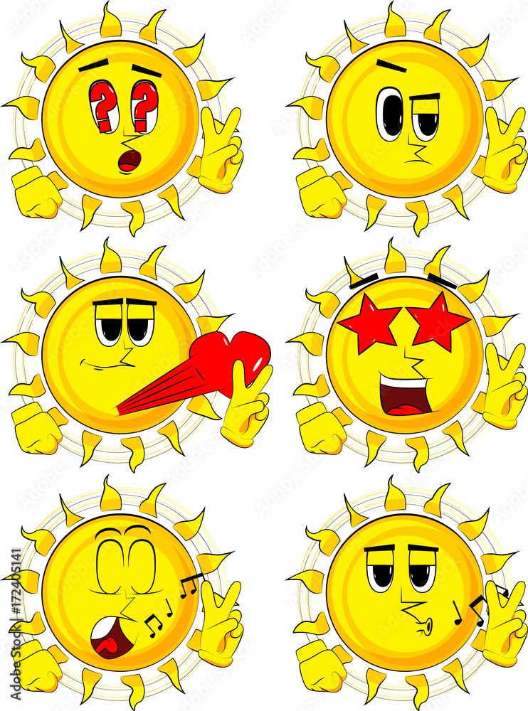 Cartoon sun showing the V sign. Collection with various facial expressions. Vector set.