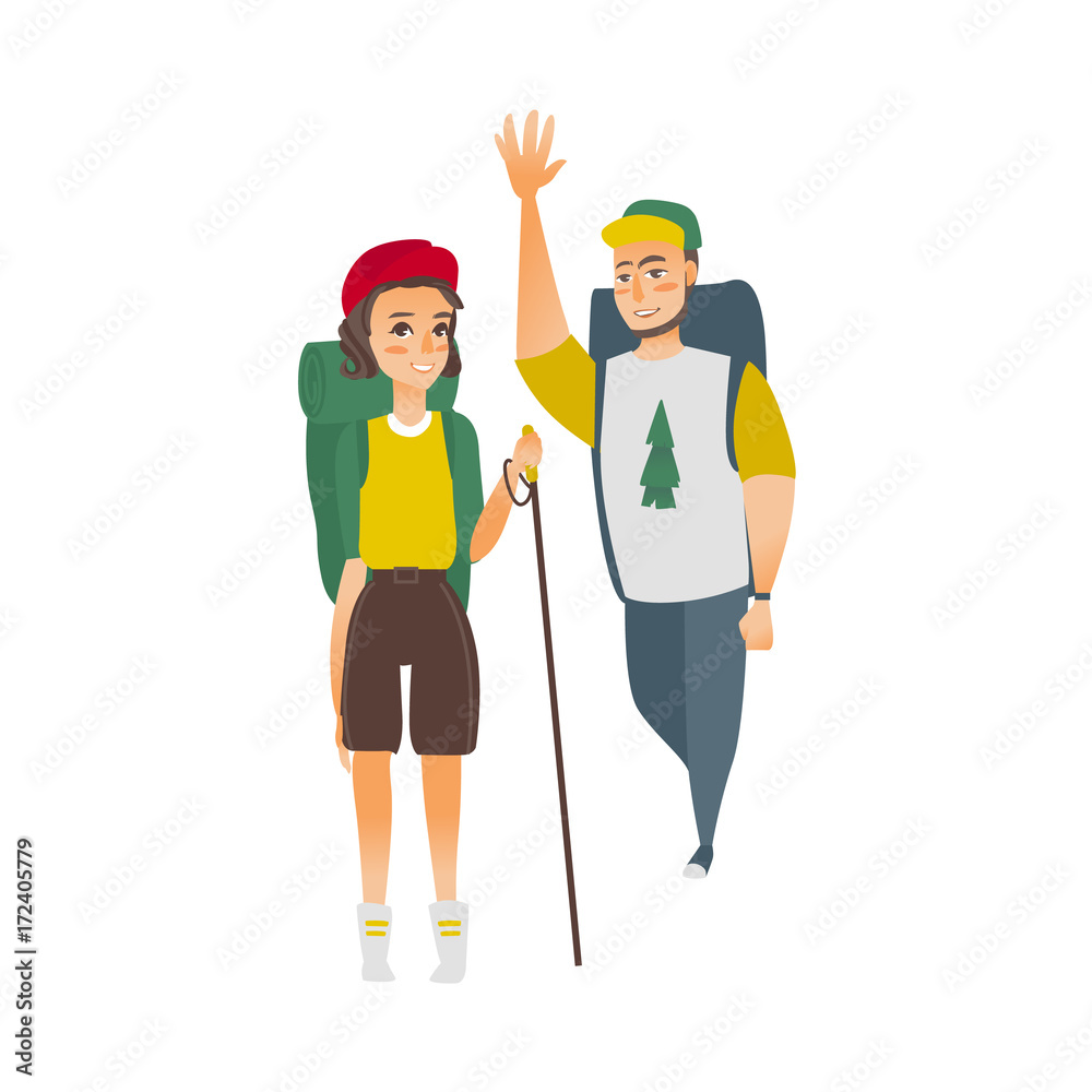 vector flat cartoon young man, woman hiking tourists waving hand smiling wearing backpack, watches cap trekking pole stick. Isolated illustration on a white background. vector flat cartoon young man, woman hiking tourists waving hand smiling wearing backpack, watches cap trekking pole stick. Isolated illustration on a white background.