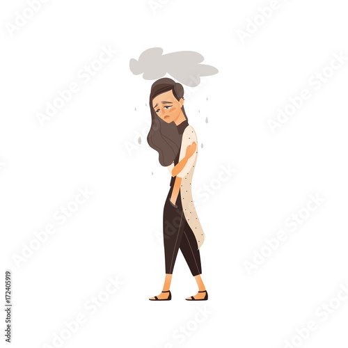 vector flat cartoon young woman suffering from depression. Unhappy female character with rainy clouds above her. Isolated illustration on a white background. Mental illness concept
