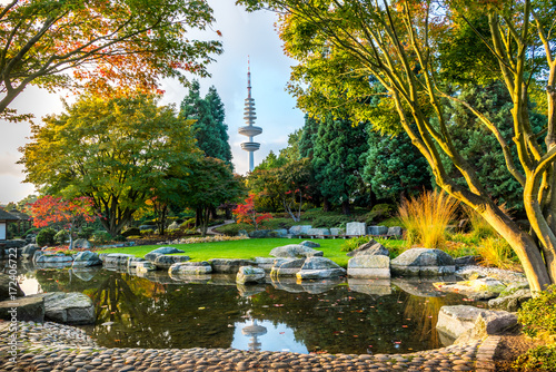 Autumn scene in front of television tower Hamburg