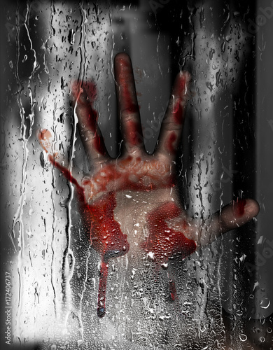 Steam room apocalypse,3d illustration of person hand against wet glass with condensation effect,Horror background,mixed media  photo