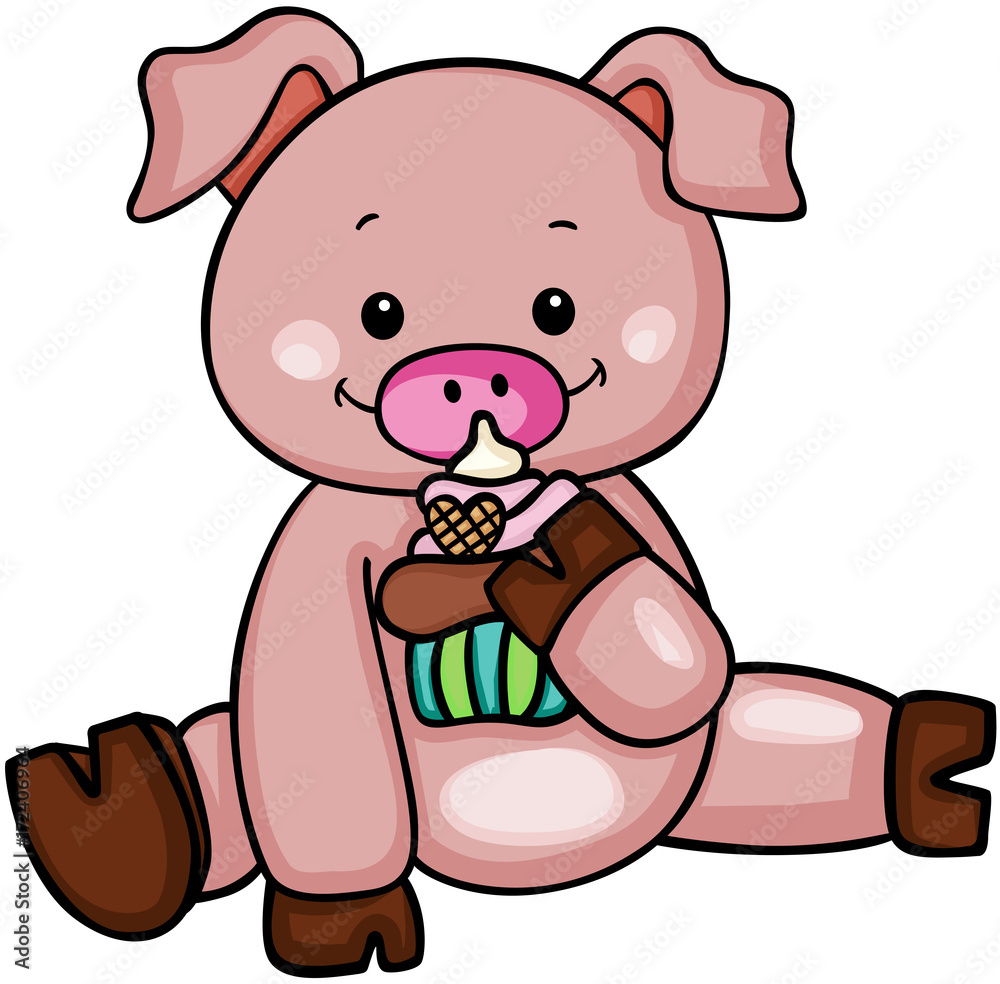 Naklejka premium Cute pig eating cupcake