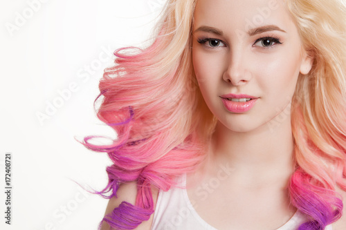 Colored hairs. Portrait of smiling women with curly hairs. Ombre. Gradient.