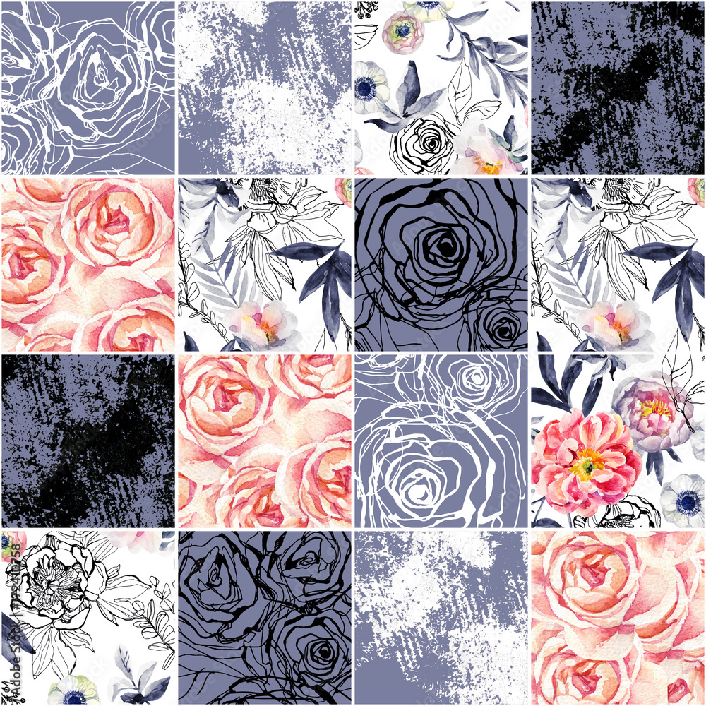 Ilustracja Stock Abstract Squares Seamless Pattern Watercolor Ink