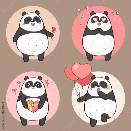 Set of cute panda bear stickers in various poses. Love theme.