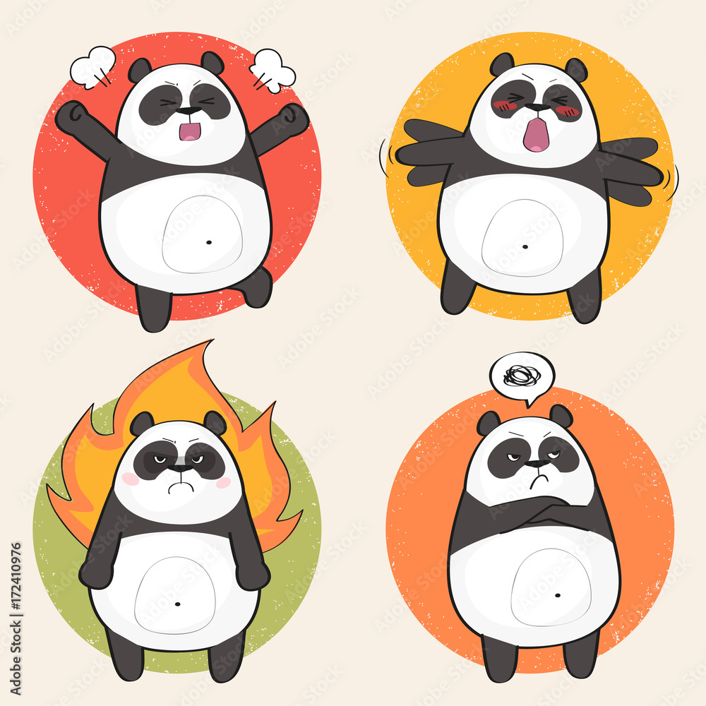 Set of cute panda bear stickers in various poses. Angry cartoon panda character Set of cute panda bear stickers in various poses. Angry cartoon panda character