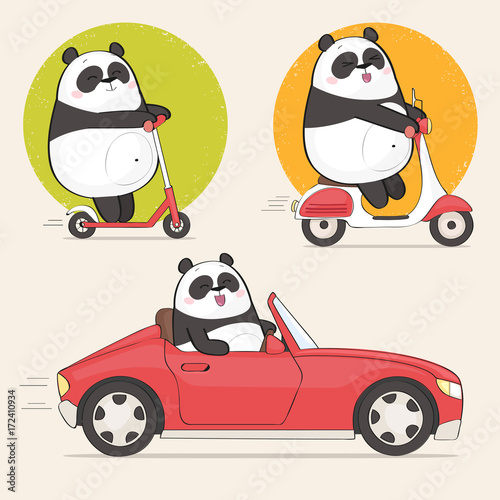 Set of cute panda bear stickers using different vehicles. Cartoon panda character