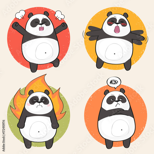 Set of cute panda bear stickers in various poses. Angry cartoon panda character