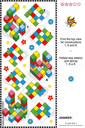Educational math puzzle: Find the top view for each of the three constructions. Answer included.
