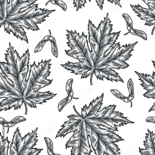 Engraving seamless pattern of maple leaves and seeds