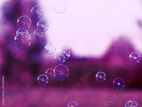 beautiful festive background with iridescent soap bubbles flying over a sun-d...