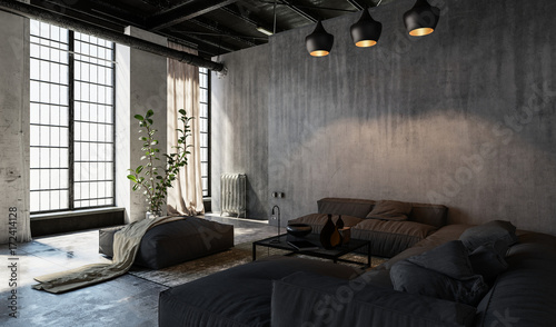 Spacious living room in loft style photo